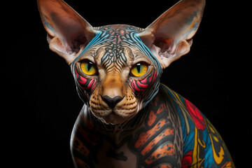 Generated by AI picture modern style sphinx cat with pattern on skin many tattoo