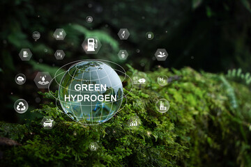 Crystal globe with Clean hydrogen energy icon for Eco-friendly industry and alternative energy...