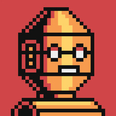 Robot head pixel art cartoon character avatar profile picture, futuristic cyborg. Flat style. Game assets. 8-bit. Vector red background. Design for logo, sticker, app.