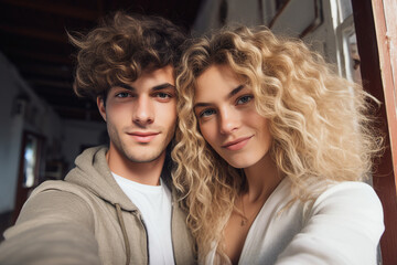 Fototapeta premium Generative AI image of beautiful cute young couple spending honeymoon vacation together