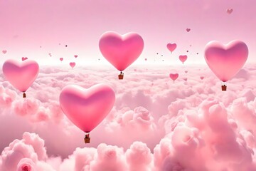 heart shaped pink air balloons above the clouds