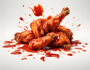 Plexiglas foto achterwand Chicken fried wings with spicy red sauce © Oksana