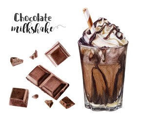 Watercolor illustration of chocolate milkshake close up. Design template for packaging, menu, postcards.