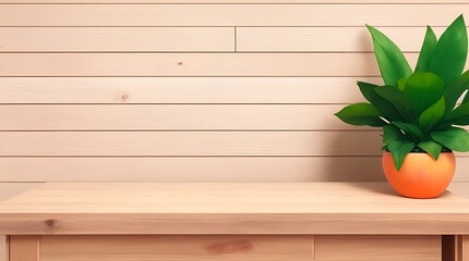 Wooden table, Complemented by a vibrant potted plant blurred background. Trendy modern background for presentation