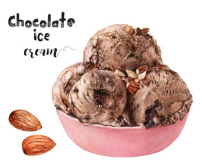 Watercolor illustration of chocolate ice cream close up. Design template for packaging, menu, postcards.