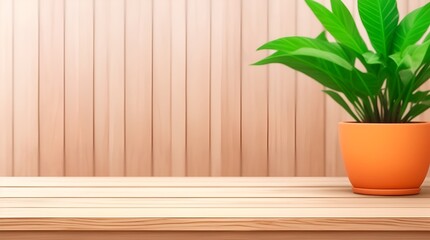 Wooden table, Complemented by a vibrant potted plant blurred background. Trendy modern background for presentation