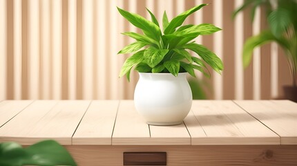 Wooden table, Complemented by a vibrant potted plant blurred background. Trendy modern background for presentation