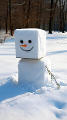 Snowman coal buttons and stick arms standing  made of square snow blocks. Outside on a winters day. Concept of winter, snow and childhood