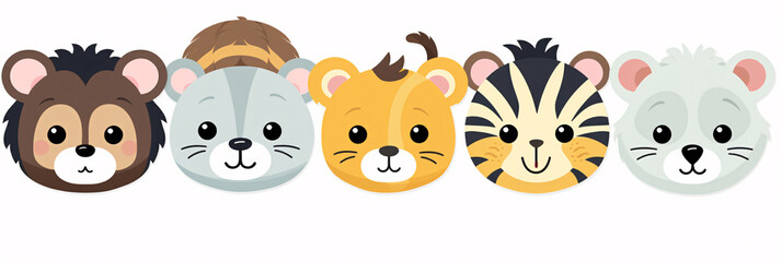Joyful Safari Animal Faces Vector Set Including Tiger, Lion, Elephant, Giraffe, Zebra, Hippo, Rhino, Monkey