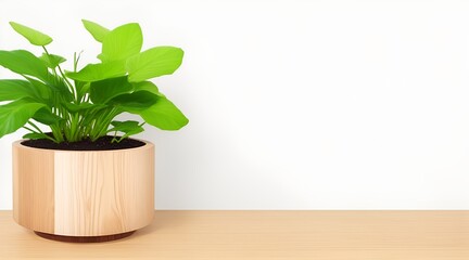 Wooden table, Complemented by a vibrant potted plant blurred white background. Beautiful versatile backdrop for design and product presentation
