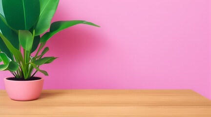 Wooden table, Complemented by a vibrant potted plant blurred background