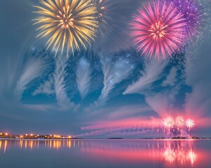 Fototapeta na wymiar 2024 new year banner with fireworks, created using AI generative technology