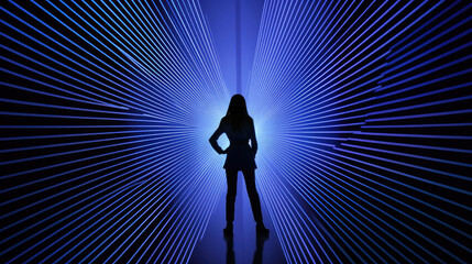 silhouette of a person in a light, businesswoman silhouette on bright blue lines background. 