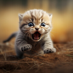 Fotografia con detalle de peque&ntilde;o gatito con cara de susto, corriendo y saltando
