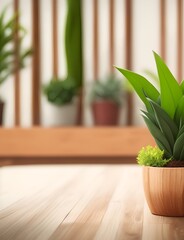 Wooden table, Complemented by a vibrant potted plant blurred background. Beautiful versatile backdrop for design and product presentation