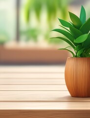 Wooden table, Complemented by a vibrant potted plant blurred background. Beautiful versatile backdrop for design and product presentation