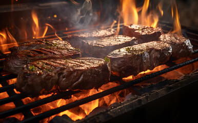 Promotional commercial photo barbecue steak fried on the grill in front of fire