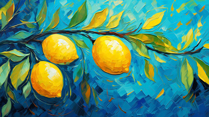 Hand drawn cartoon art abstract van Gogh style impressionist lemon fruit illustration background material
 - obrazy, fototapety, plakaty