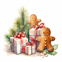 Fototapeta premium christmas, gingerbread, gifts, character, gingerbread people, funny, watercolor, illustration, xmas, december, celebration, season, aquarelle, decoration, isolated