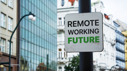 Flexible working future written on a sign in front of office buildings