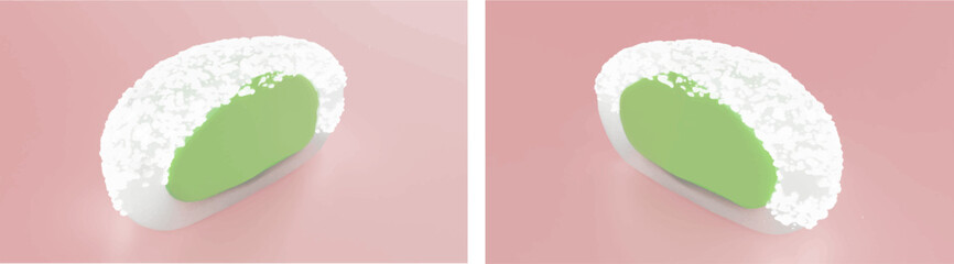 Matcha green tea mochi , a ball of matcha ganache in the center of a mochi. Low poly 3D isometric mochi portrayed in half portion on its left-right side.