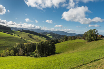 Panoramic view over the rolling hills of the Black Forest near St. Maergen, Southern Black Forest, Baden-Wuerttemberg, Germany - obrazy, fototapety, plakaty
