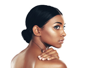 Beauty, skincare and profile of Indian woman with makeup on isolated, transparent or png...