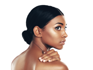 Beauty, skincare and profile of Indian woman with makeup on isolated, transparent or png background. Face, hand and model with glowing skin, shine and luxury cosmetics, self care or wellness routine