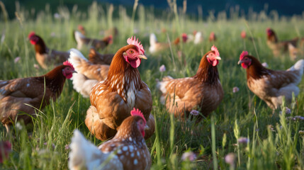 range chickens on grass, Happy free range chicken in the meadow - obrazy, fototapety, plakaty