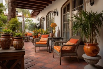 Fototapeta premium spanish revival houses patio decorated with terracotta vases