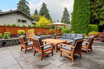 stone patio furniture in the backyard of a craftsman style wood house