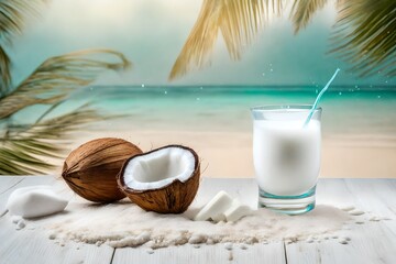 coconut drink advertising , exotic beach background