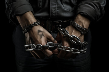 Fototapeta na wymiar Male hands in chains and handcuffs