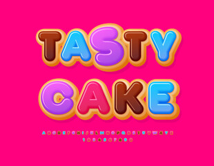 Vector sweet advertisement Tasty Cake. Colorful Delicious Font. Donut style Alphabet Letters and Numbers set. 