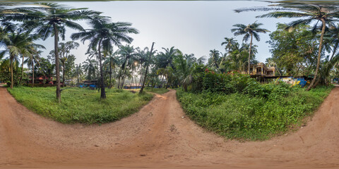 full seamless spherical hdr 360 panorama view among green street with cottages, villas and coconut...