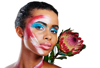Portrait, woman and makeup for texture by multicolor, pigment or design on face with flower. Female...