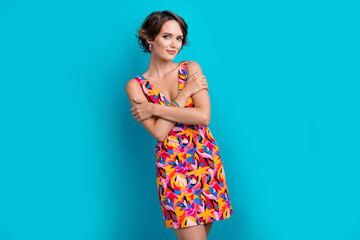 Photo of satisfied pretty good mood woman with bob hair dressed colorful clothes embrace herself...