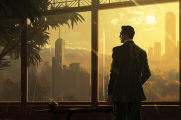 A man in a suit looks out the window at a big sun-drenched city