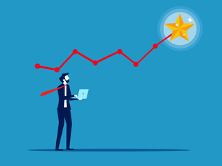 Grow to success. Businessman with laptop analyzing graphs and stars. Vector