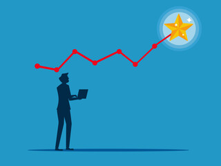 Business success. Businessman with laptop analyzing graphs and stars. Vector
