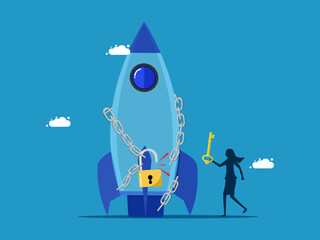 Solve business problems. Businesswoman uses key to unlock rocket from chain. Vector