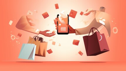 Online shopping or online sale concept banner. Vector illustration with hand coming out of phone and pass each other paper bag. Creative collage with paper cut elements for decoration sale events.