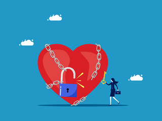 Open your heart. Businesswoman unlocks his heart from chains with a key. Vector