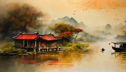 architecture, sky, landscape, building, nature, mountain, sea, island, mountains, travel, water, bay, clouds, cold, history, lake, chinese, boat, ink, illustration, painting, muted, fishermen, fog