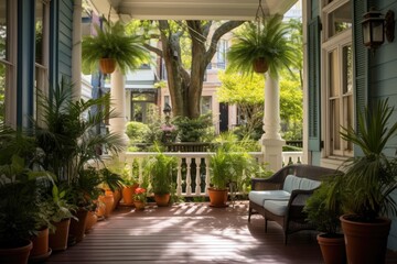 Fototapeta na wymiar porch of a colonial revival home filled with potted plants