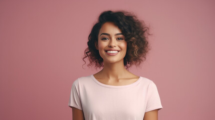 Obraz premium Joyful young woman with curly hair and a white tee smiling against a pink background