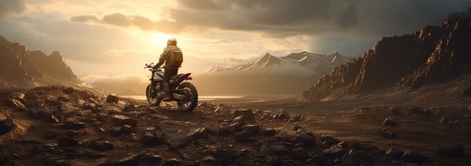 A biker in the rugged badlands. Great for stories of motorcycles, adventure, off-roading, rebellion, freedom and more. 