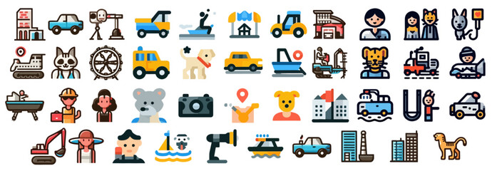 Fototapeta na wymiar Design emojis of animals, cars, people, buildings, women, and equipment 