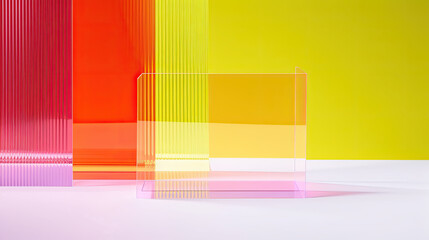 abstract background with yellow red squares, Futuristic simple background made of coloured acrylic glass for perfume or make up. Layered composition provides depth and perspective for product