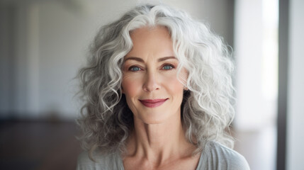 Serene mature woman with long curly silver hair and striking blue eyes, exuding elegance